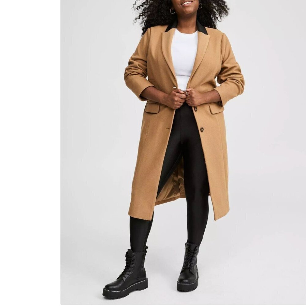 Torrid Womens Size 0 (Large/ 12) Softest Coat Faux Leather Collar Longline Camel